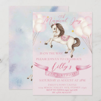 Mairytale Pony Stars Pink Balloons Geburtstagspart Einladung