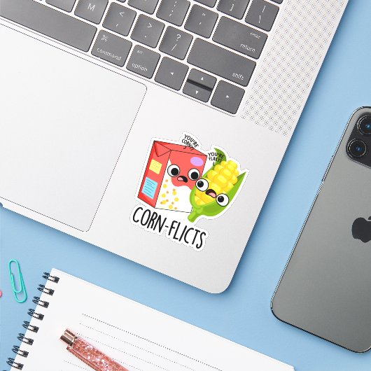 Maisflicts Funny Cornflake Corn Pun Aufkleber (Laptop mit iPhone)