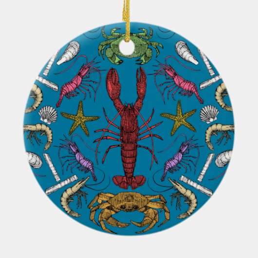 Maiskrustentiere und Damast Pop blau Keramik Ornament (Hinten)