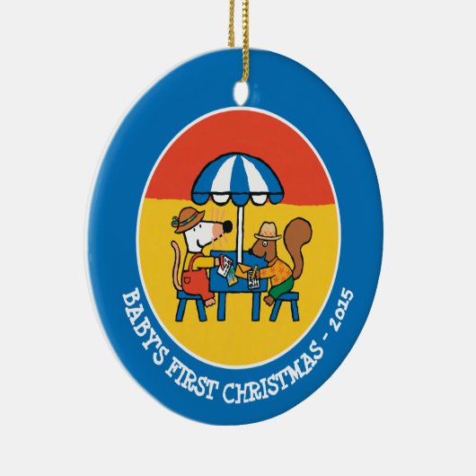 Maisy schreibt Postkarten unter blauem Schirm Keramikornament (Rechts)