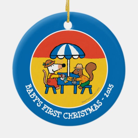 Maisy schreibt Postkarten unter blauem Schirm Keramikornament (Hinten)