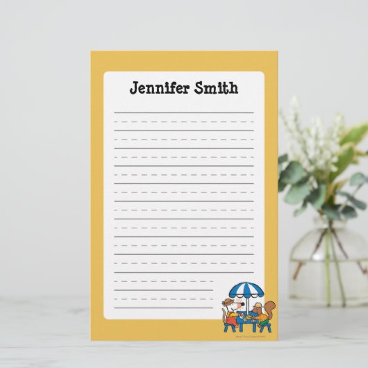 Maisy schreibt Postkarten unter blauen Regenschirm Briefpapier (Stehend Vorderseite)