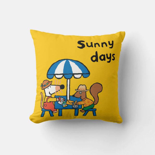 Maisy schreibt Postkarten unter blauen Regenschirm Kissen (Vorderseite)