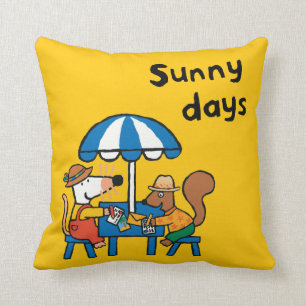 Maisy schreibt Postkarten unter blauen Regenschirm Kissen