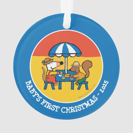 Maisy schreibt Postkarten unter blauen Regenschirm Ornament (Rückseite)