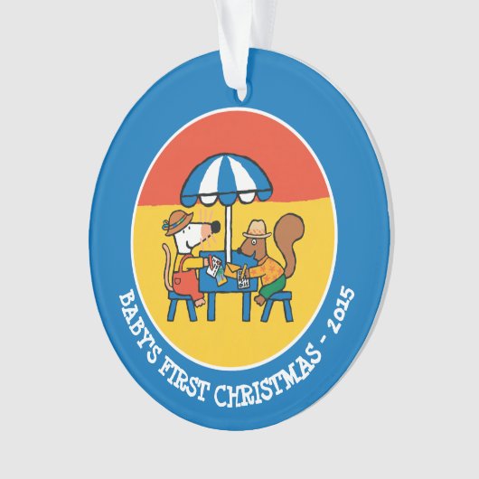 Maisy schreibt Postkarten unter blauen Regenschirm Ornament (Vorderseite)