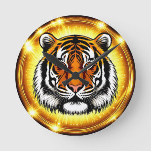 Majestätiger Tigerkopf mit leuchtenden goldenen Li Runde Wanduhr