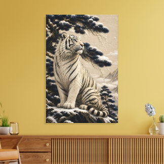 Majestätiger Weißer Tiger in schneebedeckten Berge Leinwanddruck
