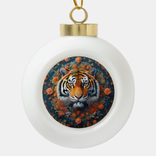 Majestätiges Tigerporträt umgeben von Blumen Keramik Kugel-Ornament