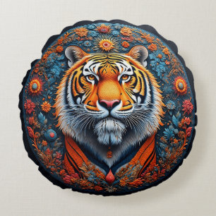Majestätiges Tigerporträt umgeben von Blumen Rundes Kissen