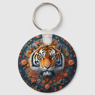 Majestätiges Tigerporträt umgeben von Blumen Schlüsselanhänger