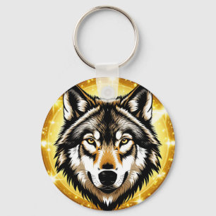 Majestätiges Wolfporträt mit goldenem Hintergrund Schlüsselanhänger