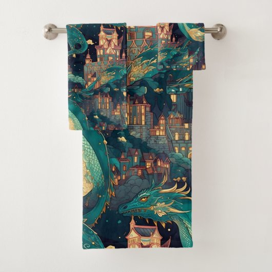 Majestätische Aquamarine Drachen und Dorf Badhandtuch Set (Insitu)