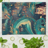 Majestätische Aquamarine Drachen und Dorf Geschirrtuch (Gefaltet)