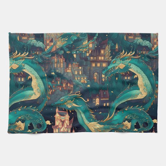 Majestätische Aquamarine Drachen und Dorf Geschirrtuch (Horizontal)