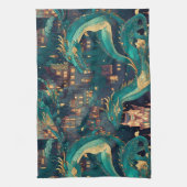 Majestätische Aquamarine Drachen und Dorf Geschirrtuch (Vertikal)