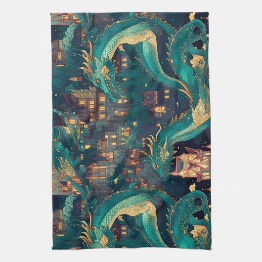 Majestätische Aquamarine Drachen und Dorf Geschirrtuch (Vertikal)