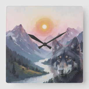 Majestätische Berge mit Wolf Quadratische Wanduhr