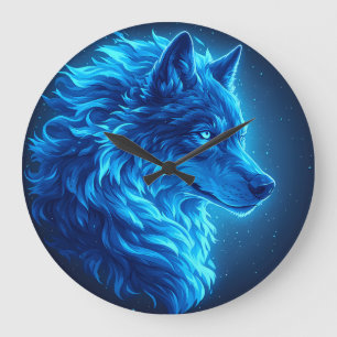 Majestätische Blaue Wolf Leuchtende Fantasy-Wildli Große Wanduhr