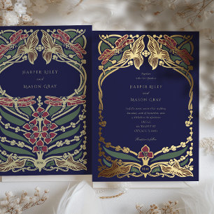 Majestätische Burgunderrot-Navy-Blau-Art-Nouveau-H Folieneinladung