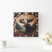 Majestätische Elche in Waldlandschaft mit Baumkron Quadratische Wanduhr (Zuhause)