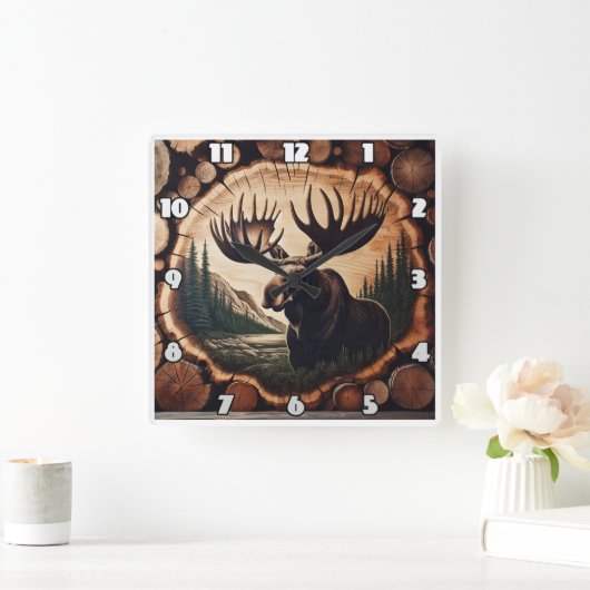 Majestätische Elche in Waldlandschaft mit Baumkron Quadratische Wanduhr (Zuhause)