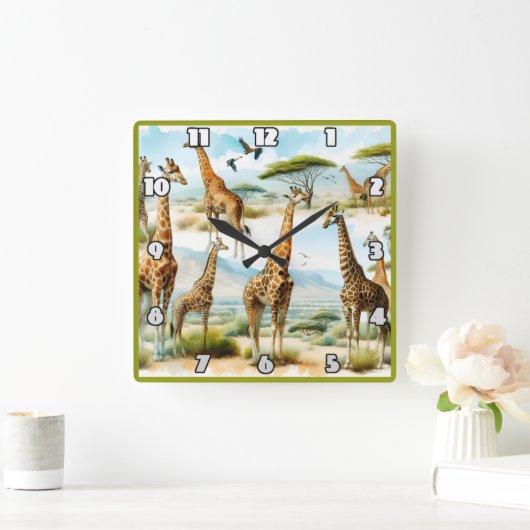 Majestätische Giraffen weiden unter der afrikanisc Quadratische Wanduhr (Zuhause)