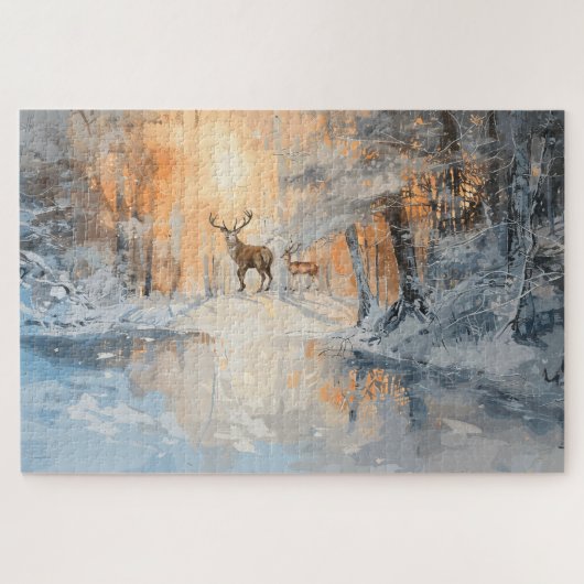 Majestätische Hirsche in der Winterwaldkunst Puzzle (Horizontal)