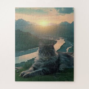 Majestätische Katze bei Sonnenuntergang im Bergtal Puzzle