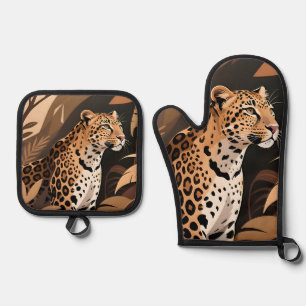 Majestätische Leopard-Dschungel-Wildnis Ofenhandschuh & Topflappen-Set