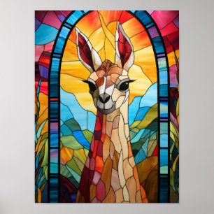 Majestätische Llama-Sonnenuntergangs-Buntglasfenst Poster