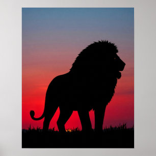 Majestätische Löwen Silhouette bei Sonnenaufgang Poster