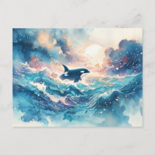 Majestätische Orca-Sonnendurchflutete Wasserfarben Postkarte
