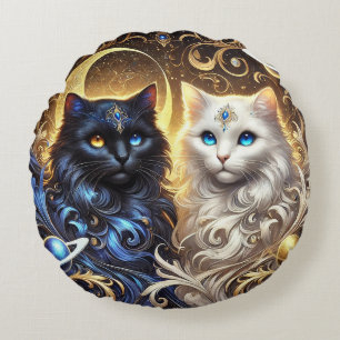 Majestätische Schwarz-Weiß-Katzen Rundes Kissen