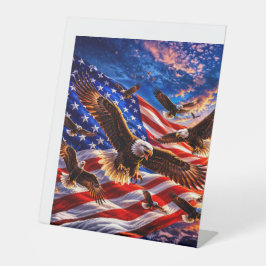 Majestätische Weißkopfseeadler über der amerikanis Sockelschild