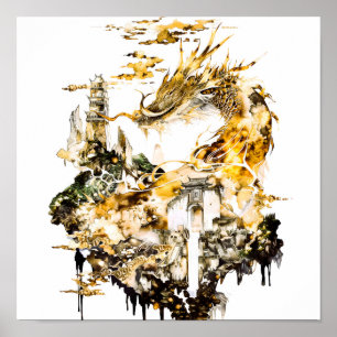 Majestätischer asiatischer Mythologie-Drache-Tempe Poster