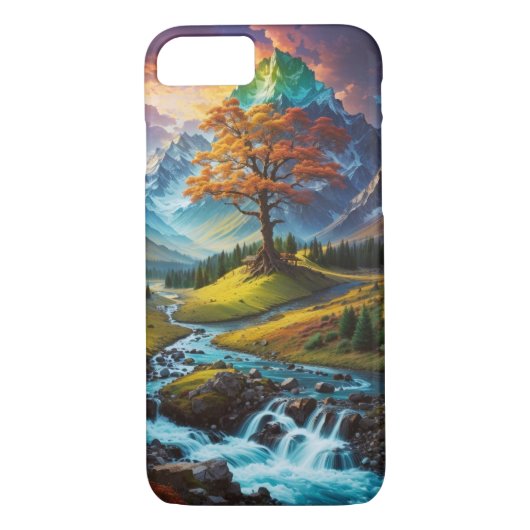 Majestätischer Baum, farbenfrohe Berge und Fluss Case-Mate iPhone Hülle (Rückseite)