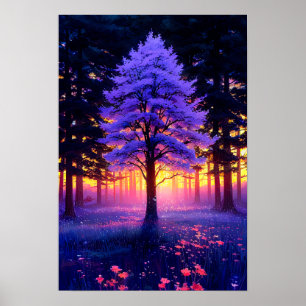 Majestätischer Baum im Wald mit Sonnenuntergang Poster