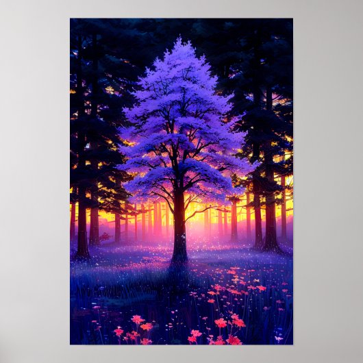 Majestätischer Baum im Wald mit Sonnenuntergang Poster (Vorne)