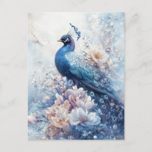 Majestätischer blauer Pfau im weißen Blumengarten Postkarte