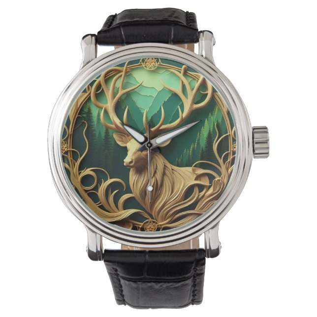 Majestätischer Buck, der in einen ruhigen Wald hin Armbanduhr (Vorderseite)