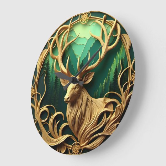 Majestätischer Buck, der in einen ruhigen Wald hin Große Wanduhr (Winkel)