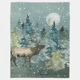 Majestätischer Elch im Wald bei Vollmond-Schneefal Fleecedecke