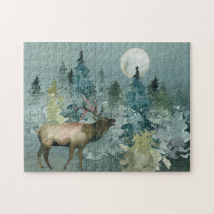 Majestätischer Elch im Wald Vollmond Aquarell Puzzle