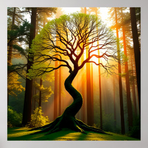 Majestätischer gebogener Baum im Wald mit strahlen Poster