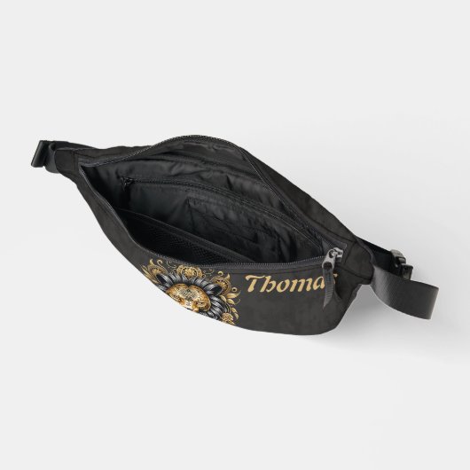 Majestätischer goldener Löwenkopf mit schwarzer Ma Bauchtasche (Offen)