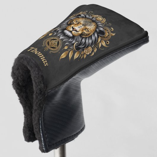 Majestätischer goldener Löwenkopf mit schwarzer Ma Golf Headcover (3/4 Vorderseite)