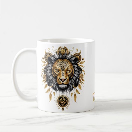 Majestätischer goldener Löwenkopf mit schwarzer Ma Kaffeetasse (Links)