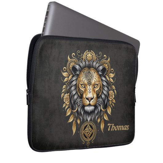 Majestätischer goldener Löwenkopf mit schwarzer Ma Laptopschutzhülle (Vorne Rechts)