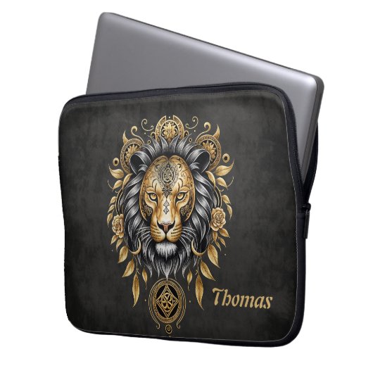 Majestätischer goldener Löwenkopf mit schwarzer Ma Laptopschutzhülle (Vorderseite Links)